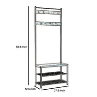 Wood and Metal Frame Hall Tree with Slatted Shelves, Rustic Brown and Black - BM195839