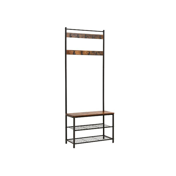 Wood and Metal Frame Hall Tree with Slatted Shelves, Rustic Brown and Black - BM195839