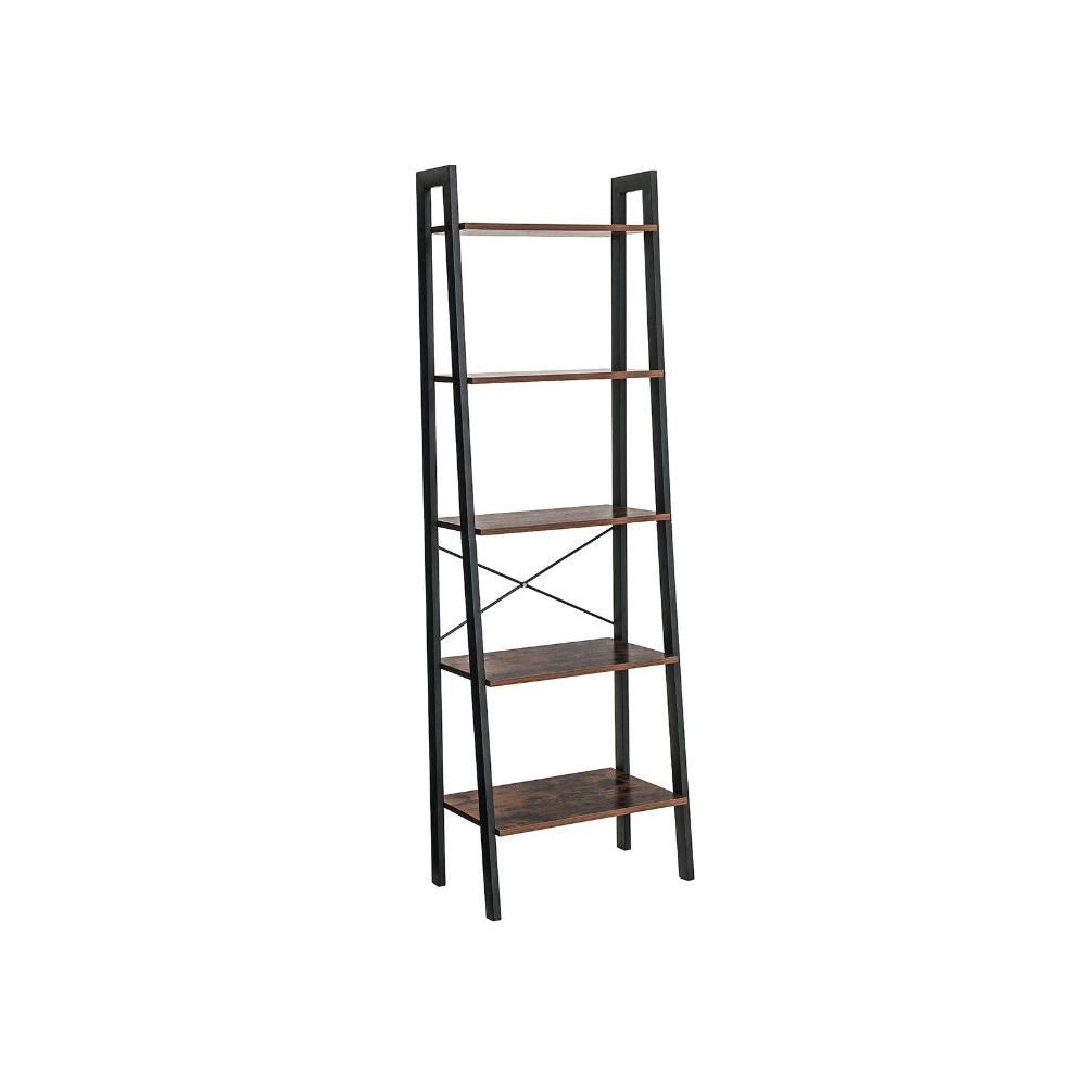 Five Tiered Rustic Wooden Ladder Shelf with Iron Framework, Brown and Black - BM195846