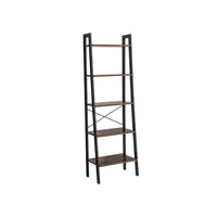 Five Tiered Rustic Wooden Ladder Shelf with Iron Framework, Brown and Black - BM195846