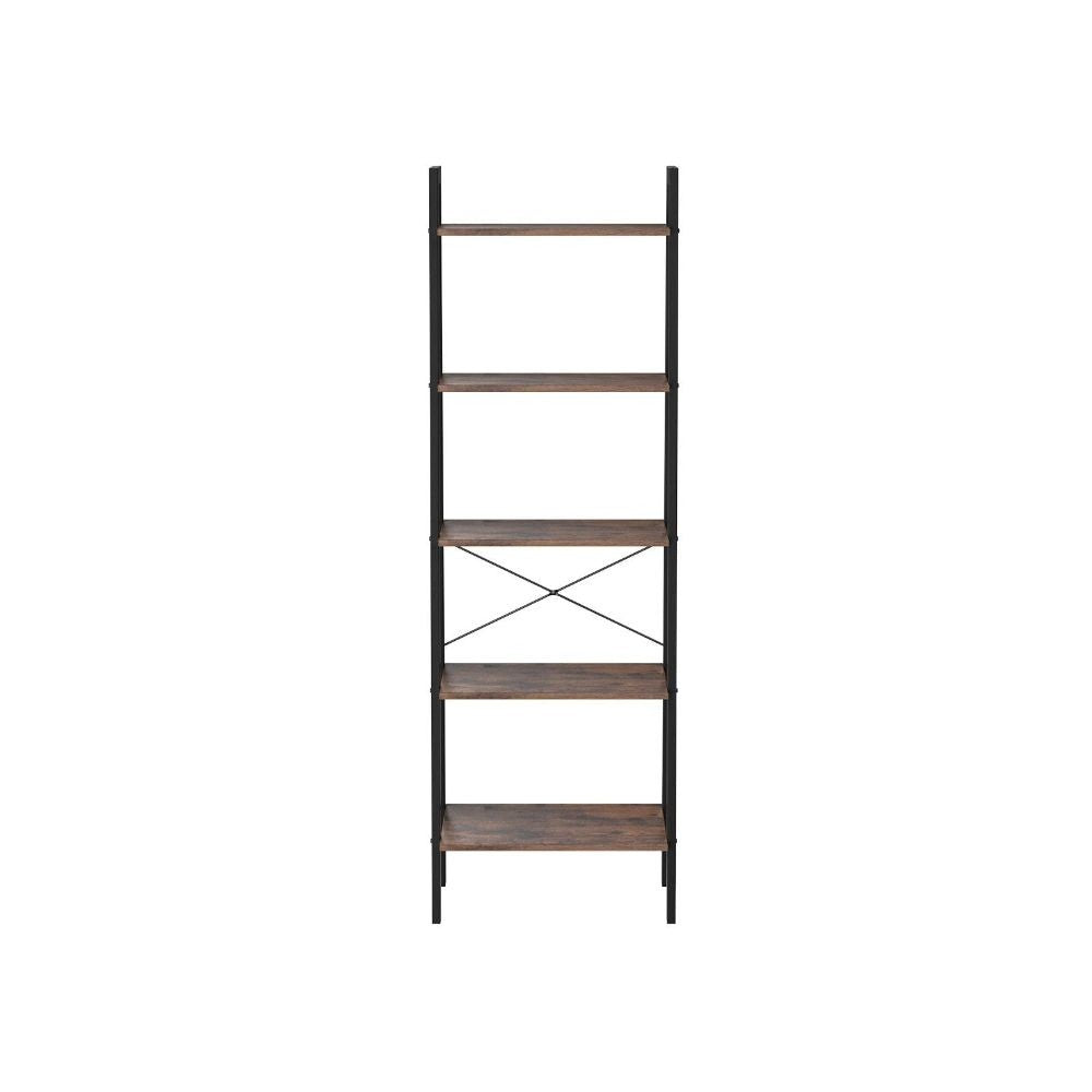 Five Tiered Rustic Wooden Ladder Shelf with Iron Framework, Brown and Black - BM195846