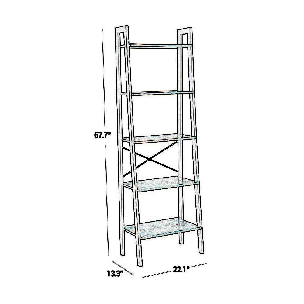 Five Tiered Rustic Wooden Ladder Shelf with Iron Framework, Brown and Black - BM195846