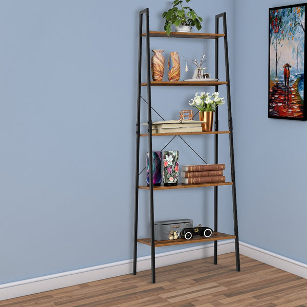 Five Tiered Rustic Wooden Ladder Shelf with Iron Framework, Brown and Black - BM195846