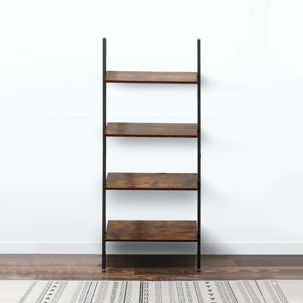 Rustic Ladder Style Iron Bookcase with Four Wooden Shelves, Brown and Black- BM195857