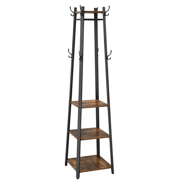 Metal Framed Ladder Style Coat Rack with Three Wooden Shelves, Brown and Black - BM195867