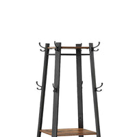 Metal Framed Ladder Style Coat Rack with Three Wooden Shelves, Brown and Black - BM195867