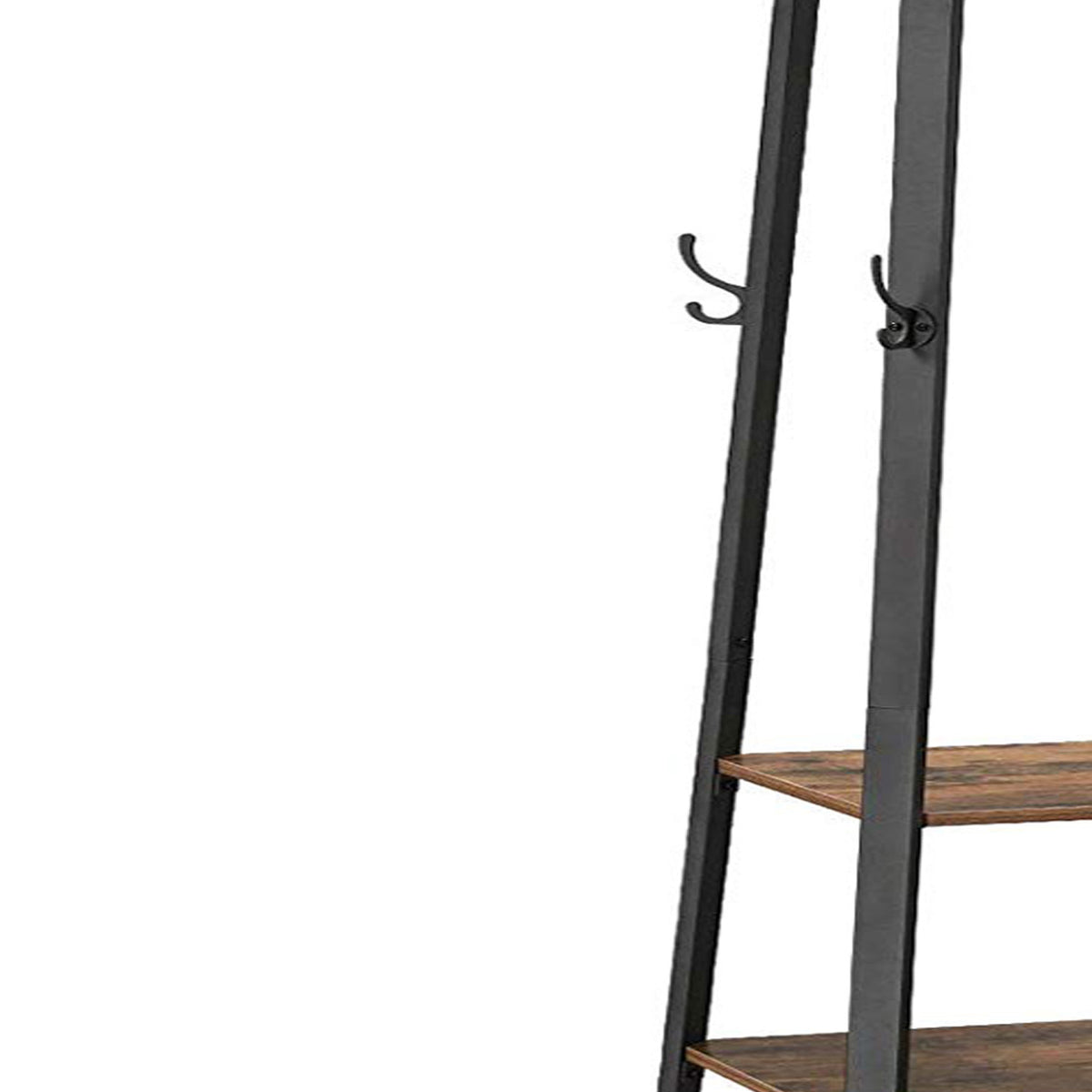 Metal Framed Ladder Style Coat Rack with Three Wooden Shelves, Brown and Black - BM195867