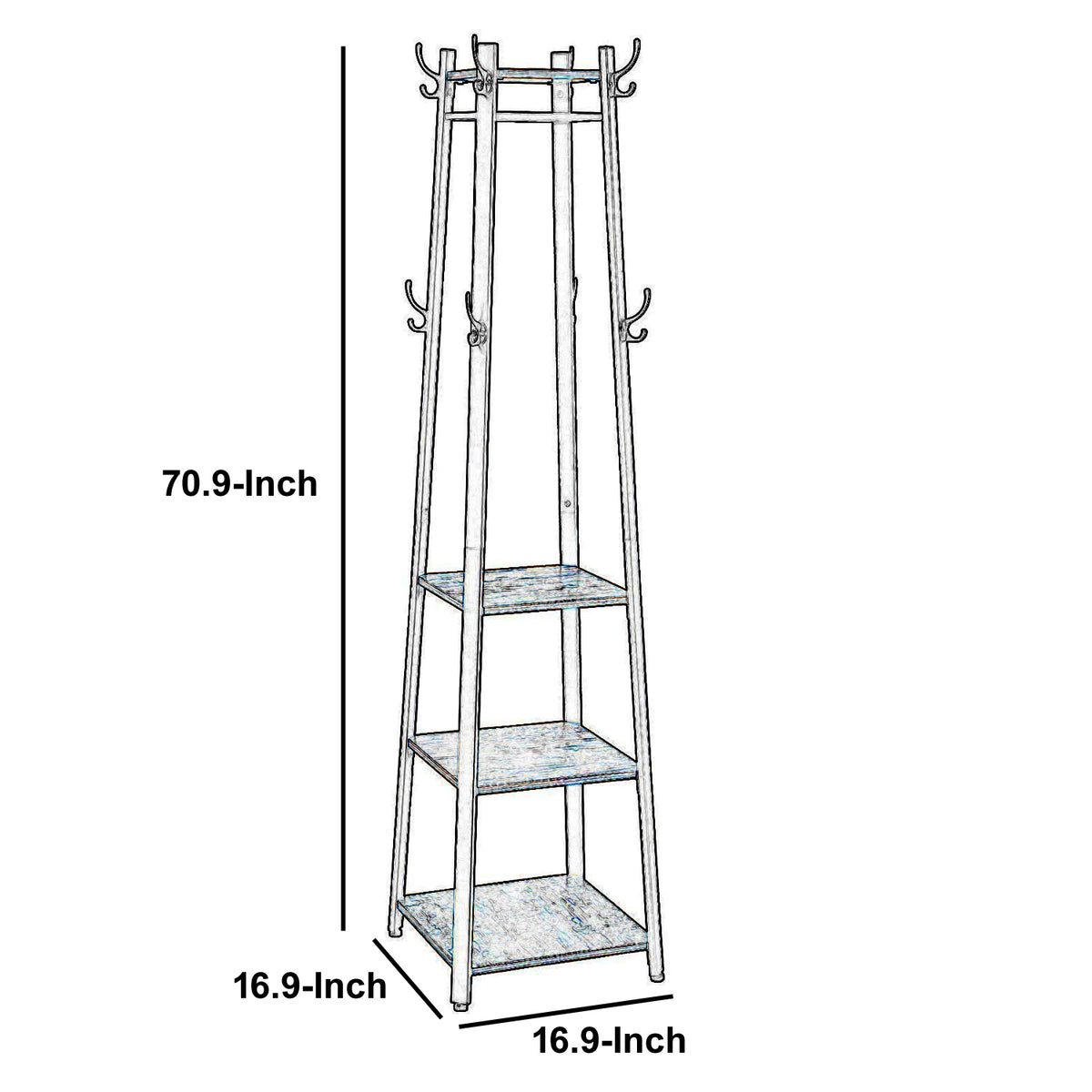 Metal Framed Ladder Style Coat Rack with Three Wooden Shelves, Brown and Black - BM195867