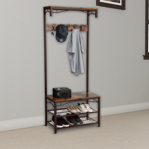 Wood and Metal Frame Hall Tree with 5 Dual Hooks, Rustic Brown and Black - BM195868