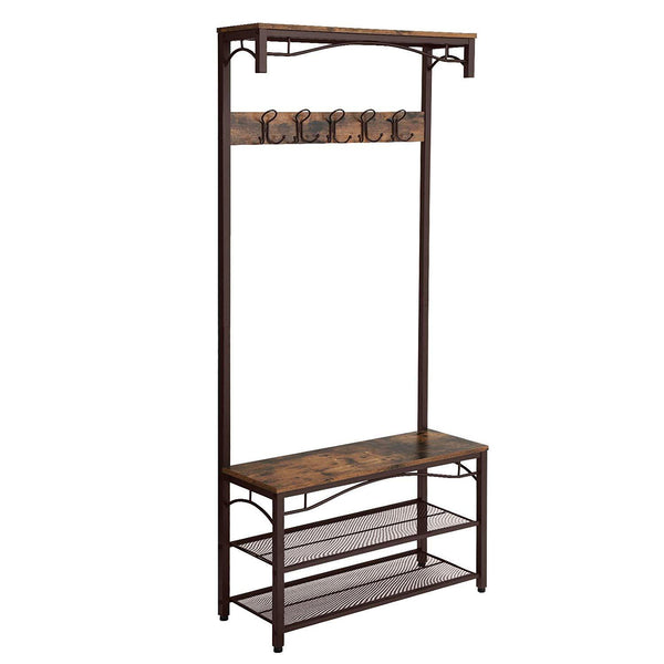 BM195868 - Metal Framed Coat Rack with Wooden Bench and Two Mesh Shelves, Brown and Black