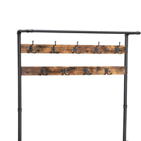 Metal Coat Rack with Wooden Bench and Two Wire Meshed Shelves, Brown and Black - BM195871