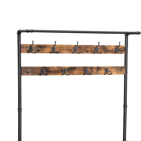 Metal Coat Rack with Wooden Bench and Two Wire Meshed Shelves, Brown and Black - BM195871