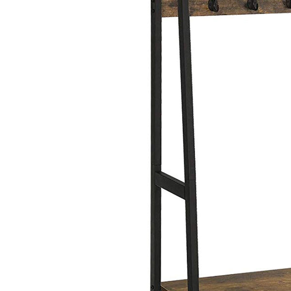 Iron Framed Coat Rack with Two Storage Shelves and Hanging Rail, Brown and Black - BM195873