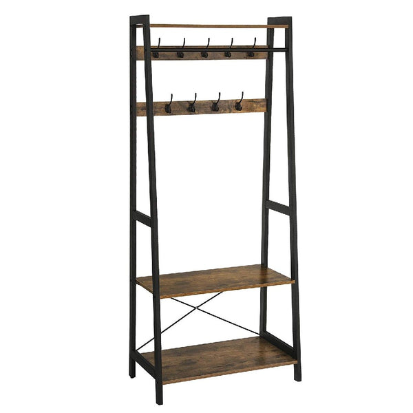 Iron Framed Coat Rack with Two Storage Shelves and Hanging Rail, Brown and Black - BM195873