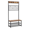 BM195874 - Metal Coat Rack with Wooden Bench, Two Mesh Shelves and Grid Panel, Brown and Black