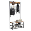 Metal Coat Rack with Wooden Bench, Two Mesh Shelves and Grid Panel, Brown and Black - BM195874