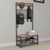 Metal Coat Rack with Wooden Bench, Two Mesh Shelves and Grid Panel, Brown and Black - BM195874