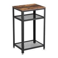 BM195880 - Industrial Style Iron and Wood Side Table with Two Tier Mesh Shelves, Black and Brown