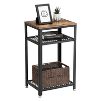 Industrial Style Iron and Wood Side Table with Two Tier Mesh Shelves, Black and Brown - BM195880