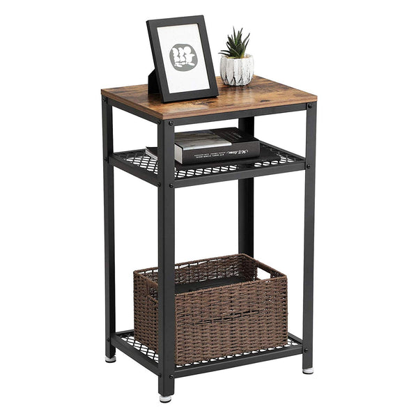 Industrial Style Iron and Wood Side Table with Two Tier Mesh Shelves, Black and Brown - BM195880