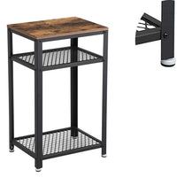 Industrial Style Iron and Wood Side Table with Two Tier Mesh Shelves, Black and Brown - BM195880