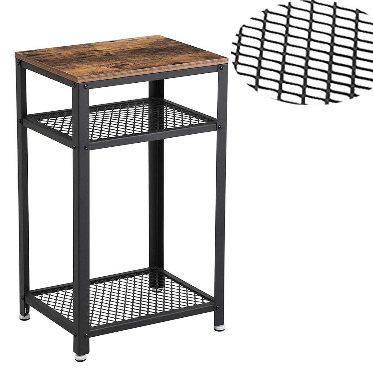 Industrial Style Iron and Wood Side Table with Two Tier Mesh Shelves, Black and Brown - BM195880