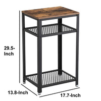 Industrial Style Iron and Wood Side Table with Two Tier Mesh Shelves, Black and Brown - BM195880