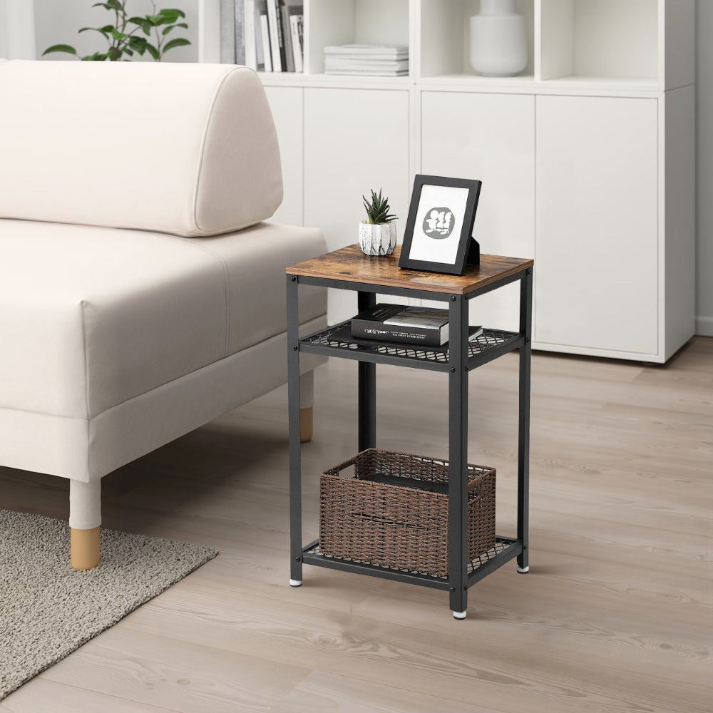 Industrial Style Iron and Wood Side Table with Two Tier Mesh Shelves, Black and Brown - BM195880