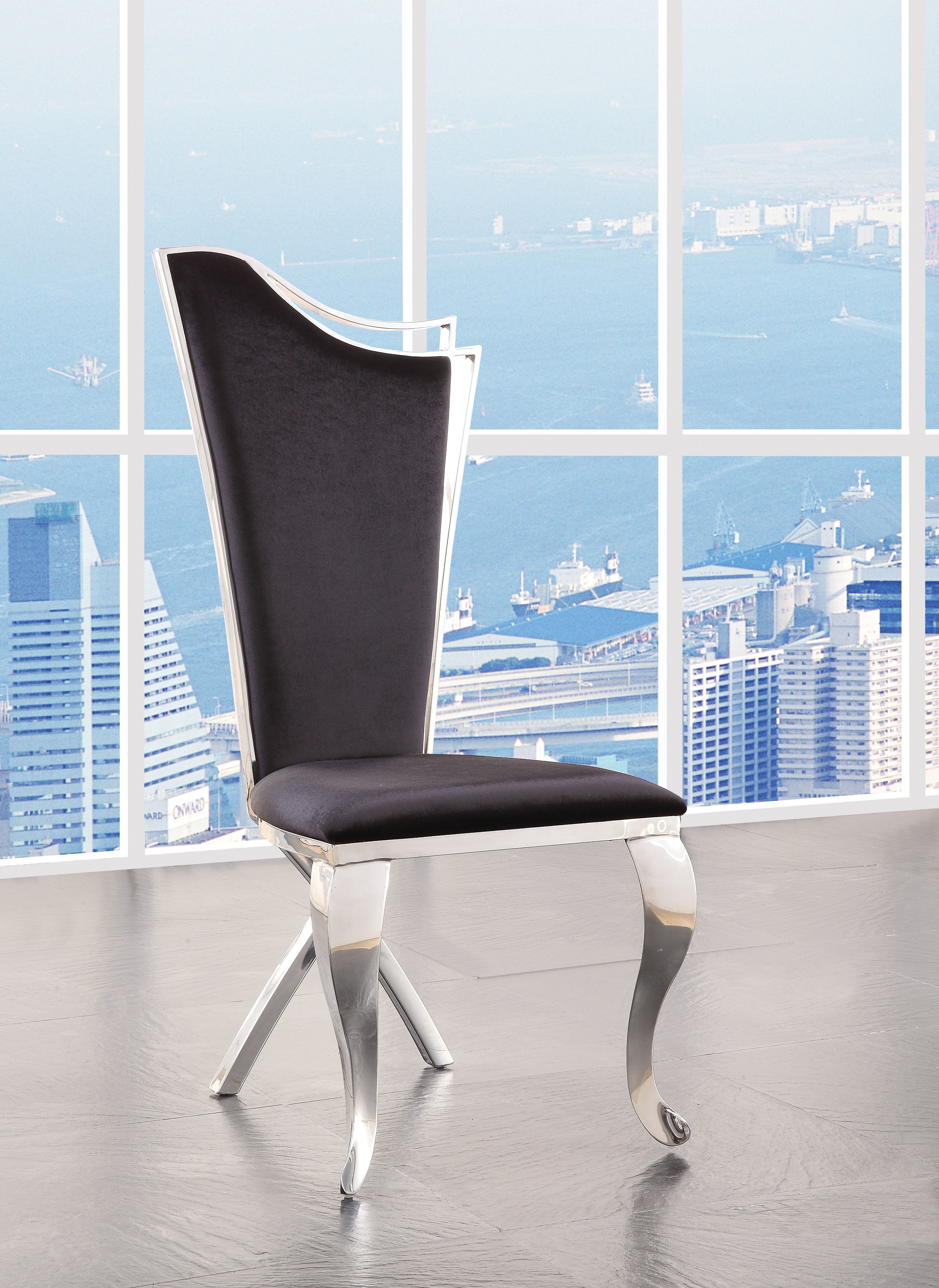 Benjara Fabric Upholstered Metal Side Chairs with Asymmetrical Backrest Silver and Black Set of Two BM195935 Benzara