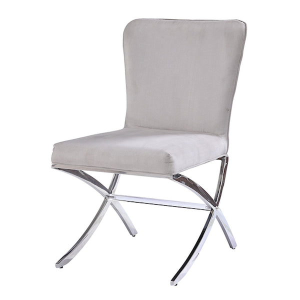 BM195936 - Velvet Upholstered Metal Side Chair with X Style Base, Light Gray and Silver, Set of Two