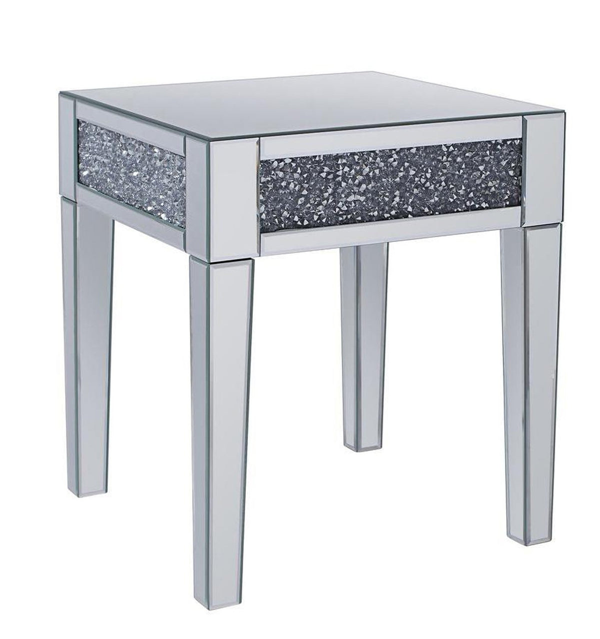 Mirror Insert End Table with Faux Diamond Inlay and Tapered Legs, Silver - BM195942