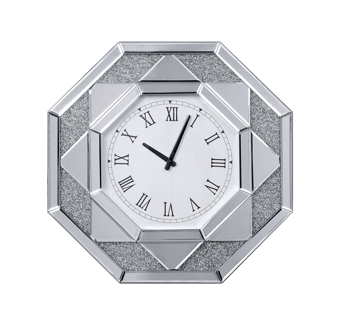 Octagonal Shaped Mirrored Frame Wall Clock with Faux Crystal Inlay, Silver - BM196013