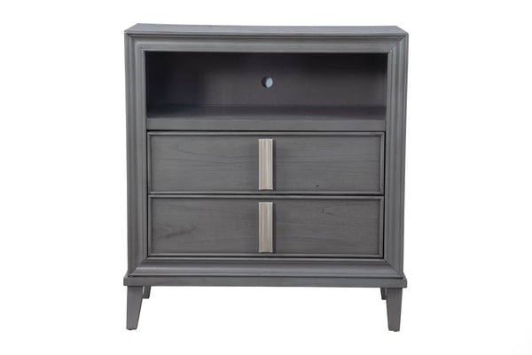 BM196027 - Transitional Style Wooden Media Chest With Two Drawers and One Open Shelf, Gray