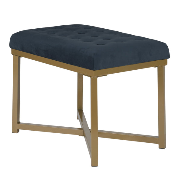 BM196046 - Metal Framed Bench with Button Tufted Velvet Upholstered Seat, Dark Blue and Gold