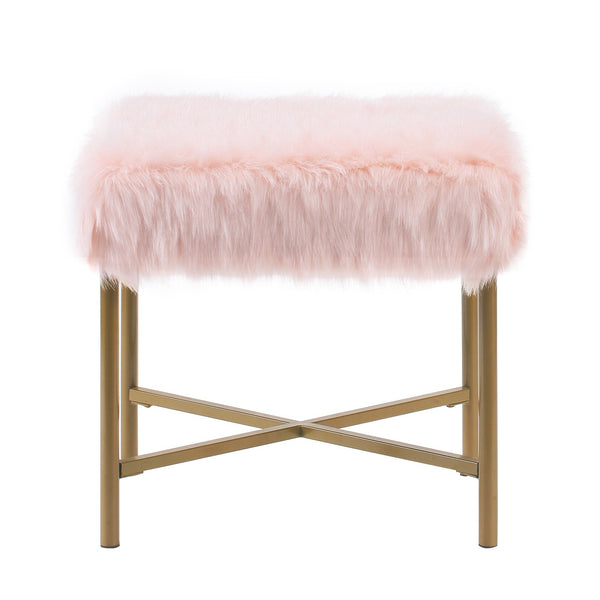 BM196056 - Square Faux Fur Upholstered Ottoman with Tubular Metal Legs and X Shape Base, Pink and Gold