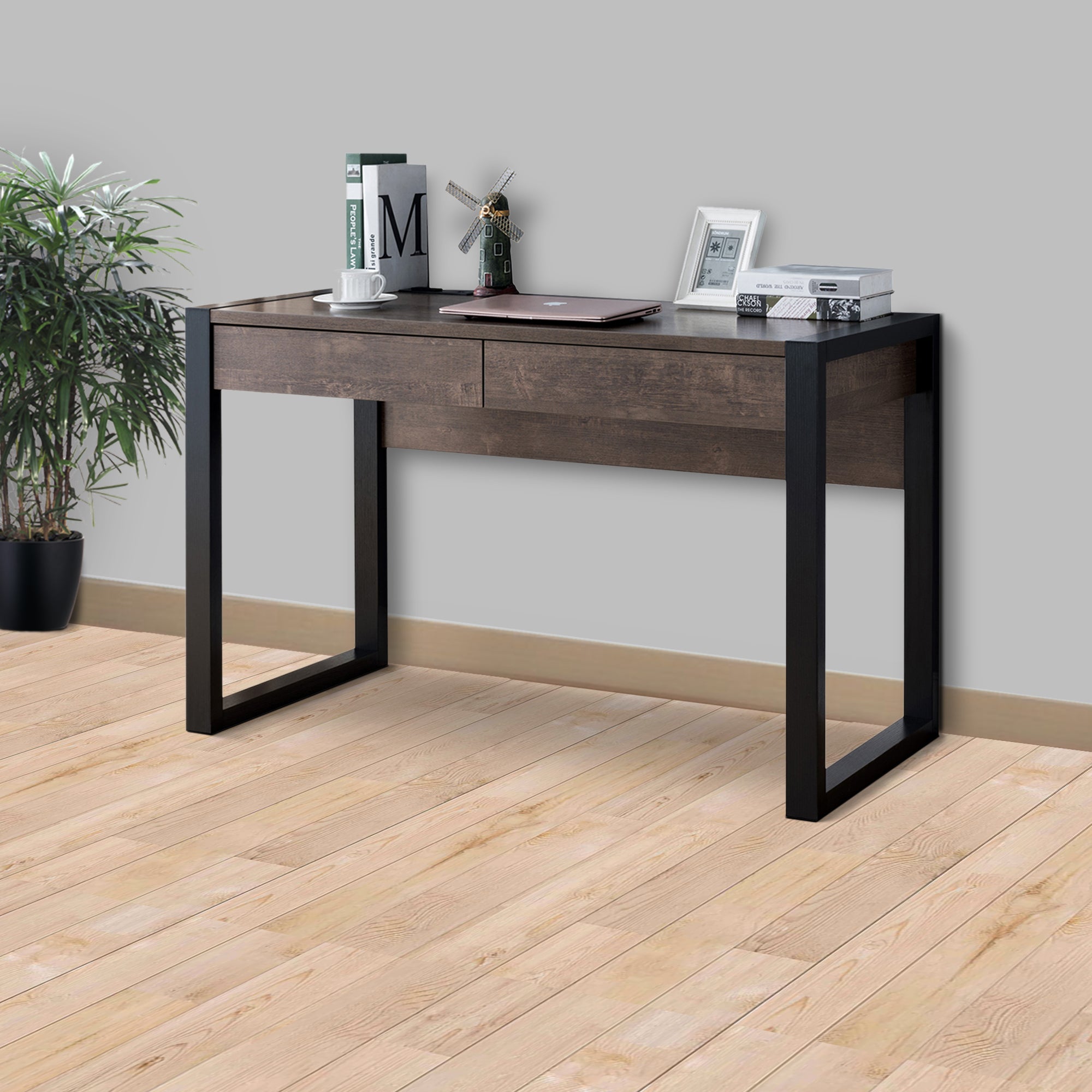 benzara Rectangular Wooden Desk with Electric Outlet and Sled Leg Support Black and Brown - BM196205