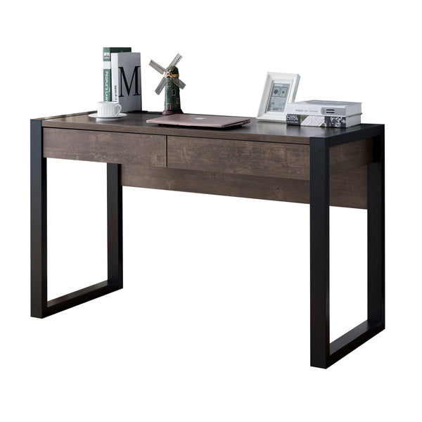 BM196205 - Rectangular Wooden Desk with Electric Outlet and Sled Leg Support, Black and Brown
