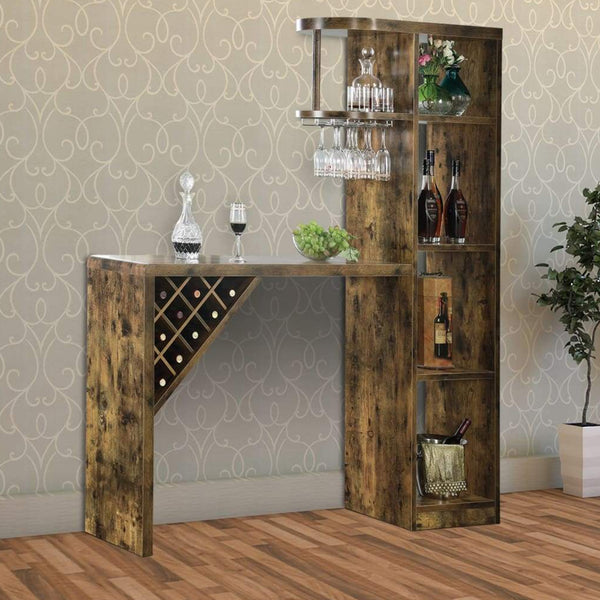 BM196236 - Wooden Bar Unit With Open Compartments and Diagonal Wine Section, Brown