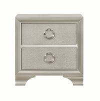 Two Drawers Wooden Nightstand with Oversized Ring Handles, Silver - BM196266