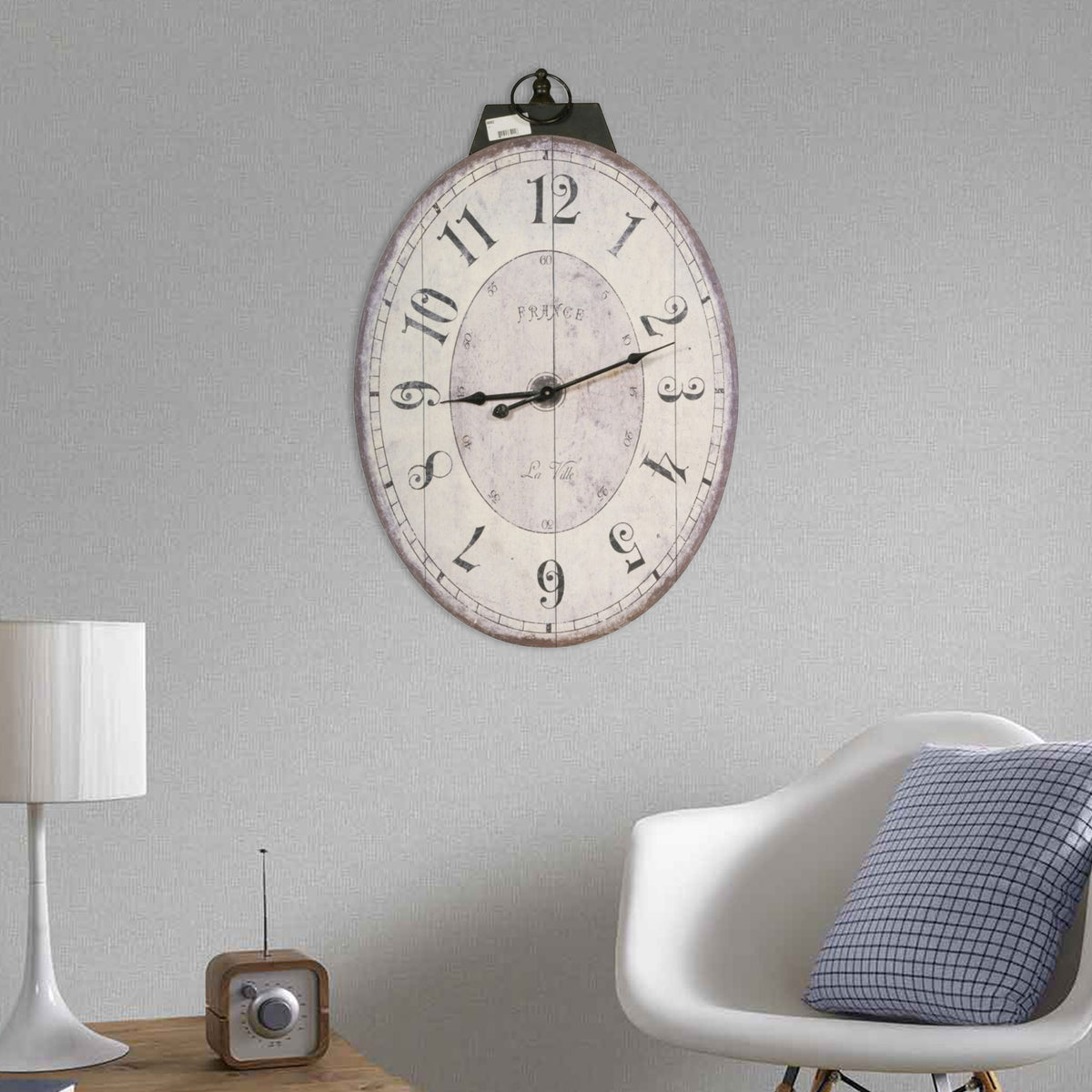 Distressed Oval Shape Wooden Wall Clock with Ring Hanger,  White and Black - BM196306