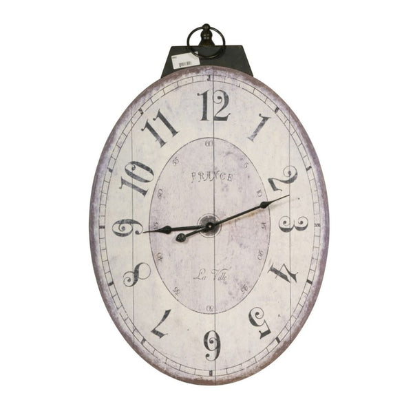 Distressed Oval Shape Wooden Wall Clock with Ring Hanger,  White and Black - BM196306