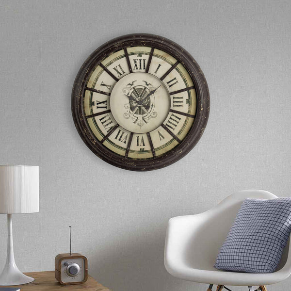 Oversized Wood and Metal Wall Clock with Distressed Details, Antique Gray and Cream - BM196307