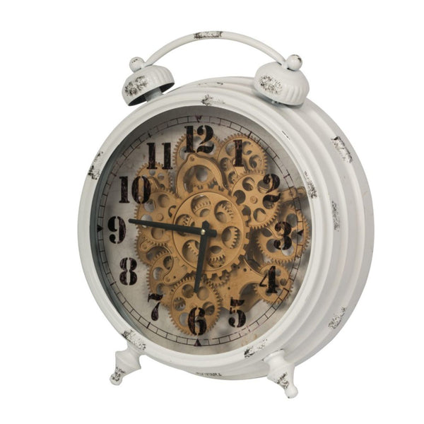 Classic Metal Table Clock with Gears Front and Distressed Details, White and Gold - BM196310