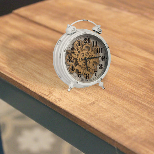 Classic Metal Table Clock with Gears Front and Distressed Details, White and Gold - BM196310