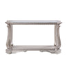 Antique Sofa Table with Polyresin Engravings and Clear Glass Top, Silver and Clear BM196704
