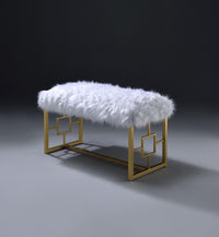 Modern Style Faux Fur Upholstered Bench with Geometrical Side Panels, White and Gold BM196716
