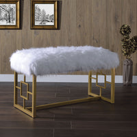 Modern Style Faux Fur Upholstered Bench with Geometrical Side Panels, White and Gold BM196716