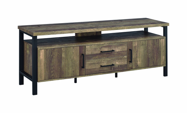 Industrial Design 58 Inch Wooden TV Console with Metal Legs and Open Shelf Storage, Brown  - BM196805