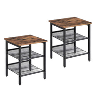 Wooden Side Table with Metal Mesh Shelves, Set of 2, Black and Brown - BM197492