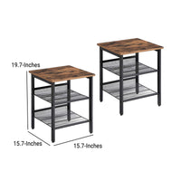 Wooden Side Table with Metal Mesh Shelves, Set of 2, Black and Brown - BM197492